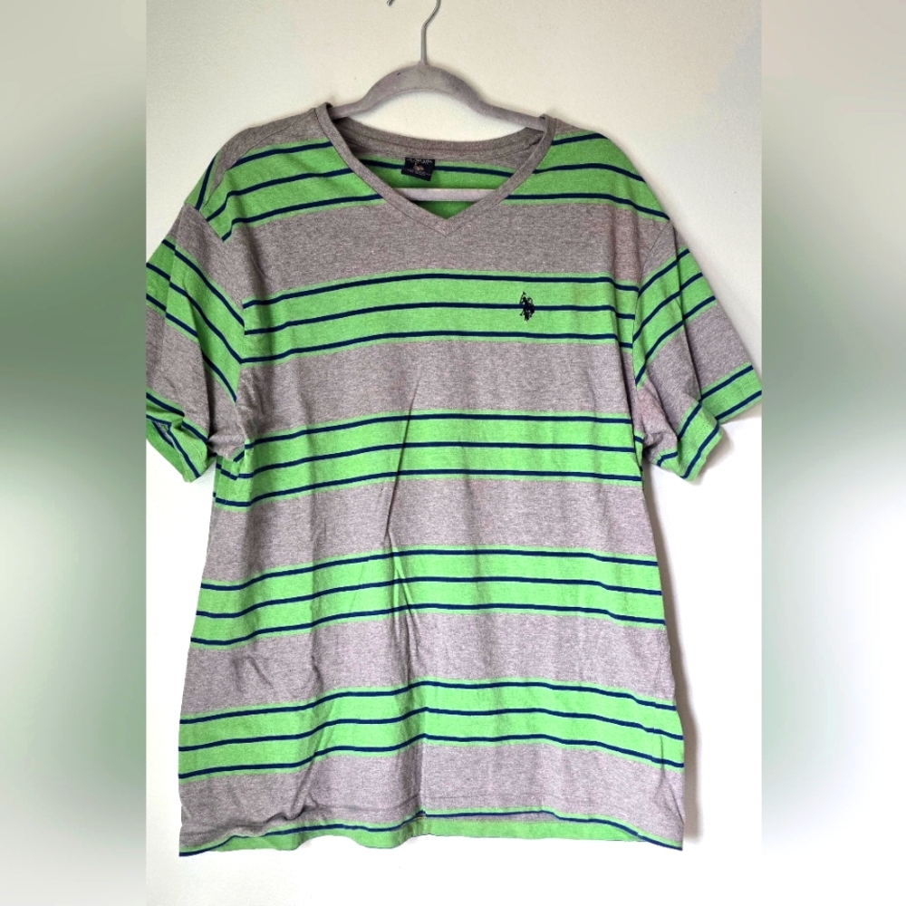 U.S. Polo Assn. Neon Green and Gray Striped Short Sleeve Tee
